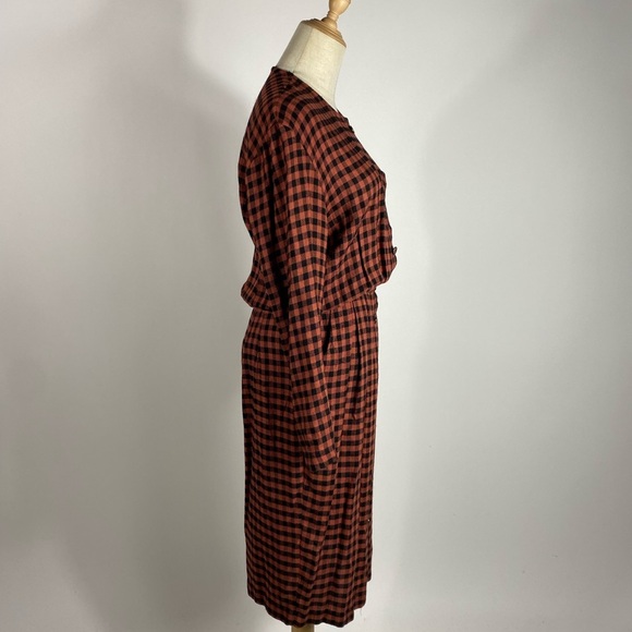 VINTAGE 90s Moda Intl Gingham Plaid Clay & Black Long Sleeve Button Dress Medium - Picture 5 of 8